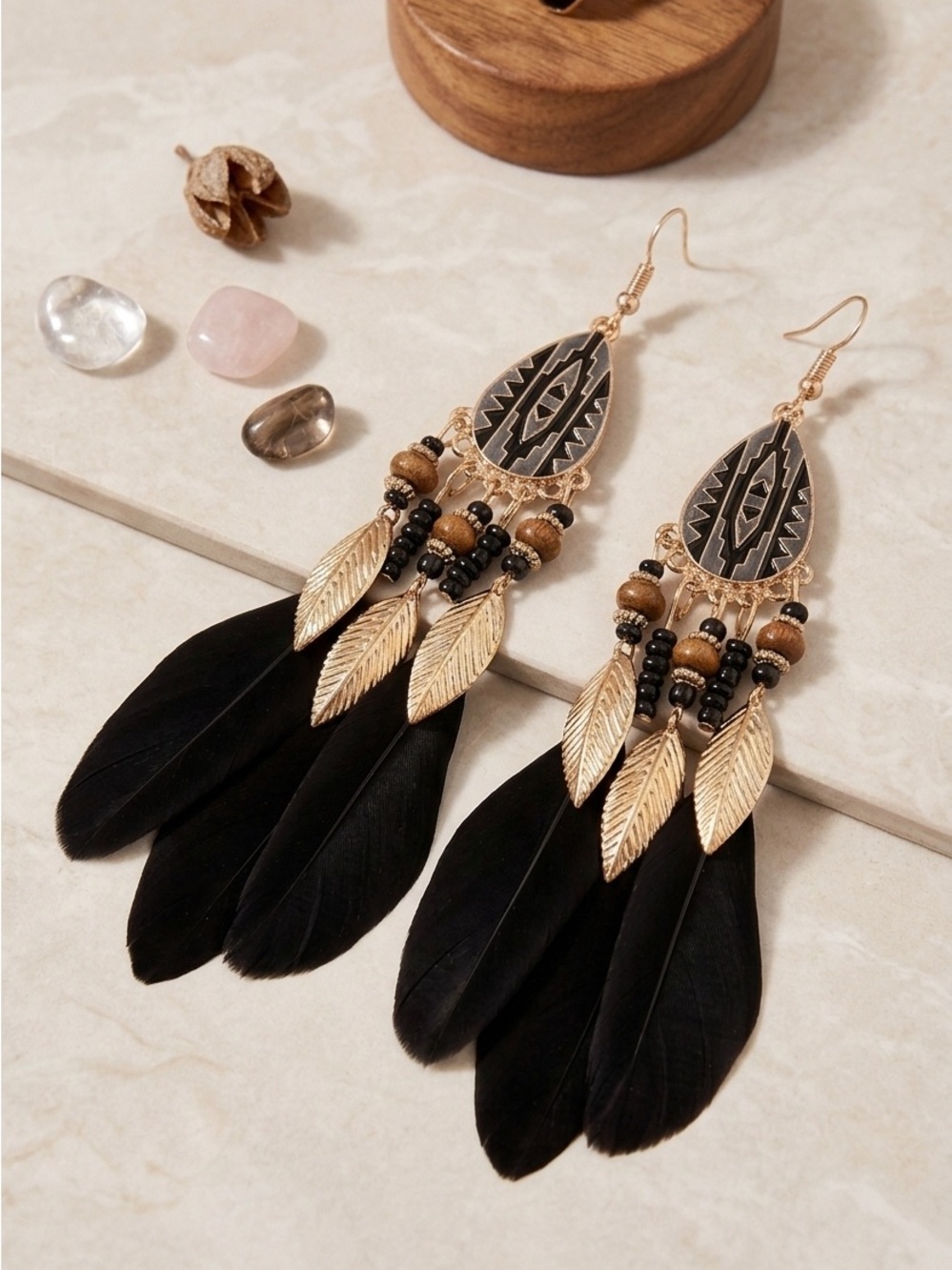 Gold and Black Feather Drop Earrings with Tribal Detail
